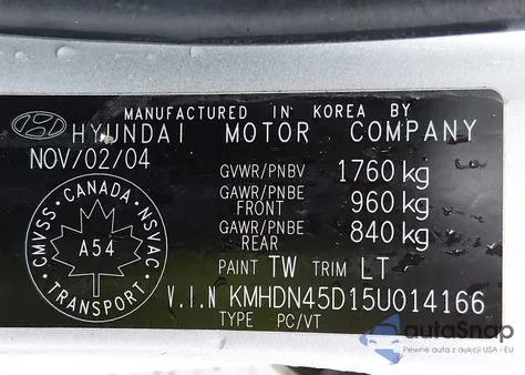 2005 Hyundai Elantra Gls/Gt from USA, damaged, VIN KMHDN45D15U014166
